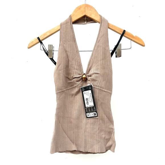 New Marciano By Guess Kathleen Halter Top Ribbed Blouse Taupe Tan XS Extra Small - Picture 2 of 7